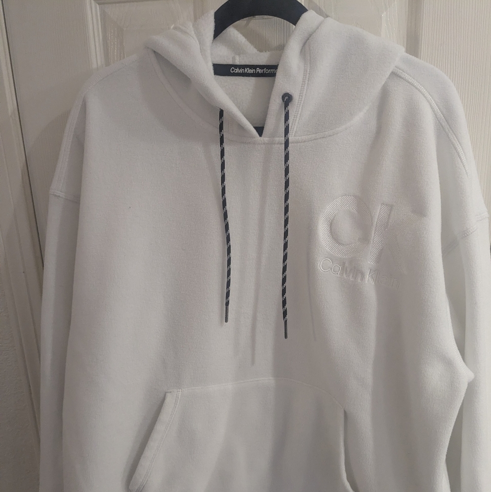 Calvin Klein Performance White Hoodie XL Tone On Tone Logo Pullover Fleece Men's